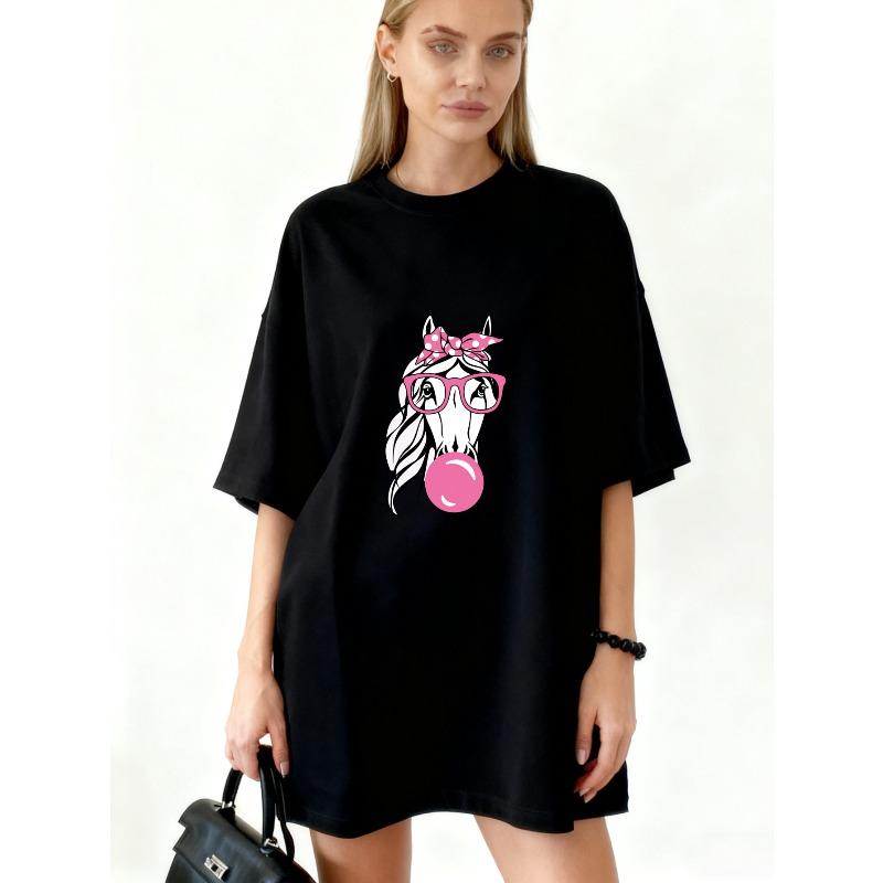 Oversized T Shirt Black Horse With Pink Glasses And Bow Bubble Gum Print Casual Wear For Women Summer Outfit Street Style Fashion Top