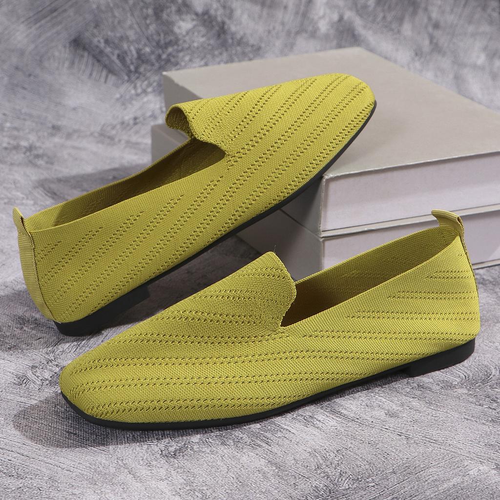 Fashion 2024 Solid Color Square Toe Mesh Loafers Shallow Women Flats Shoes Soft Bottom Knit Ballet Flats Shoes Casual Slip On Shoes