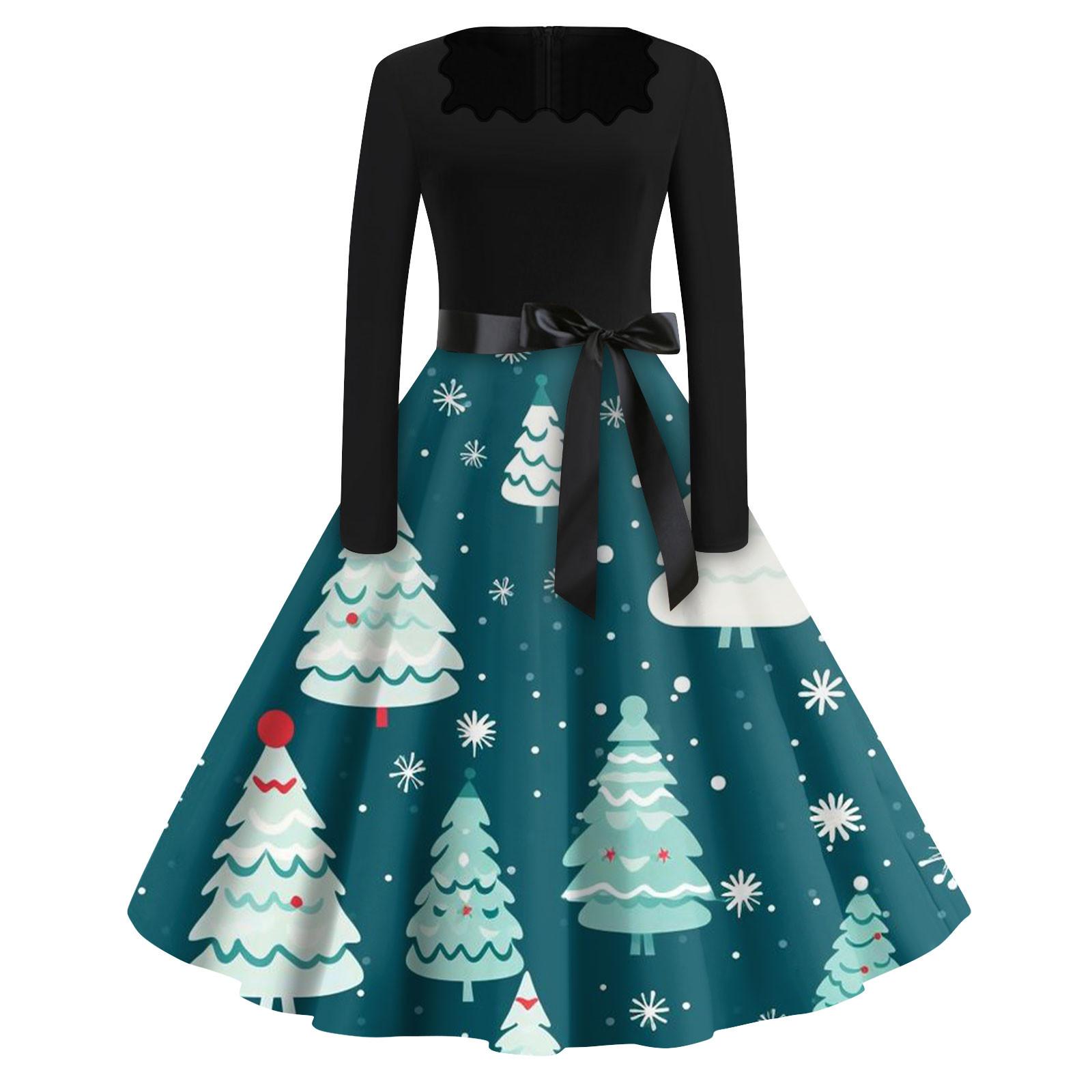 

Женская мода с квадратным вырезом, повседневные тонкие рождественские платья с длинным рукавом и принтом XXXXL синий