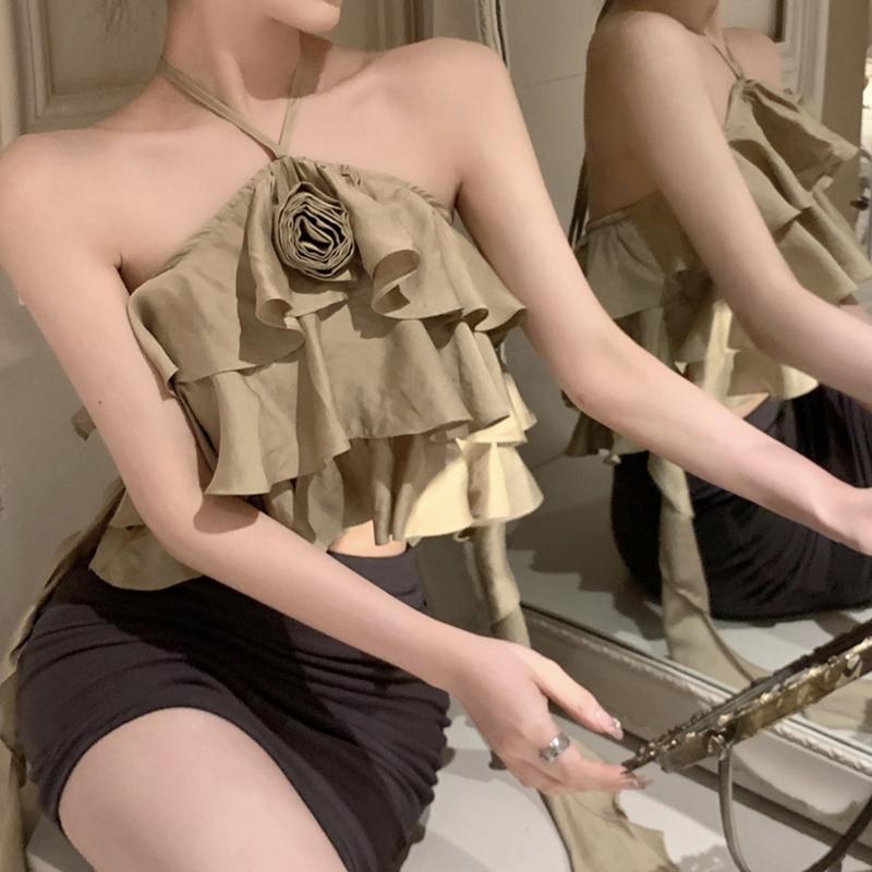 

Женский жилет-майка с бретелькой через шею, летний топ без рукавов с оборками One Size