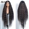Noble 42 Inch Extra Long Water Wave Synthetic Lace Front Wig Ombre Brown Highlight Glueless Heat Resistant Curly Wig For Women