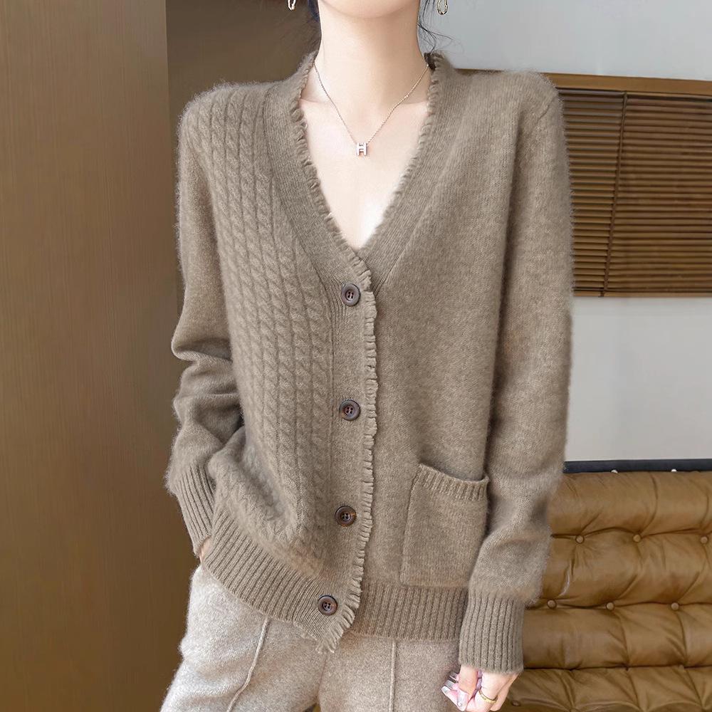 Women's 100% Wool V-neck Tassel Edge Cardigan Sweater - Soft, Loose Knit for Spring and Autumn