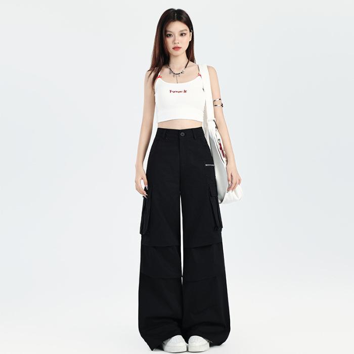 American multi-pocket black overalls women's trendy brand 1116 summer new wide-leg casual trousers