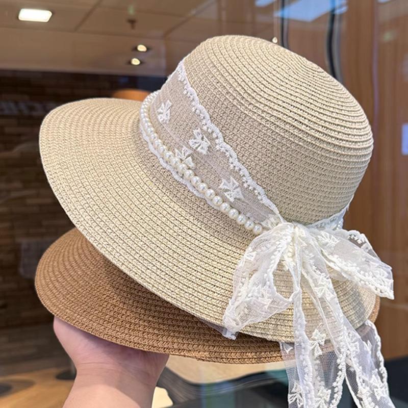 Pearl Lace Bow Straw Hat Women's New Summer Seaside Beach Straw Vacation Wind Sunshade Sunscreen Hat