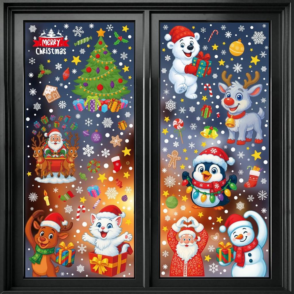 Party Wall Christmas Stickers Set Santa Snowman Reindeer Snowflake Decor Holiday