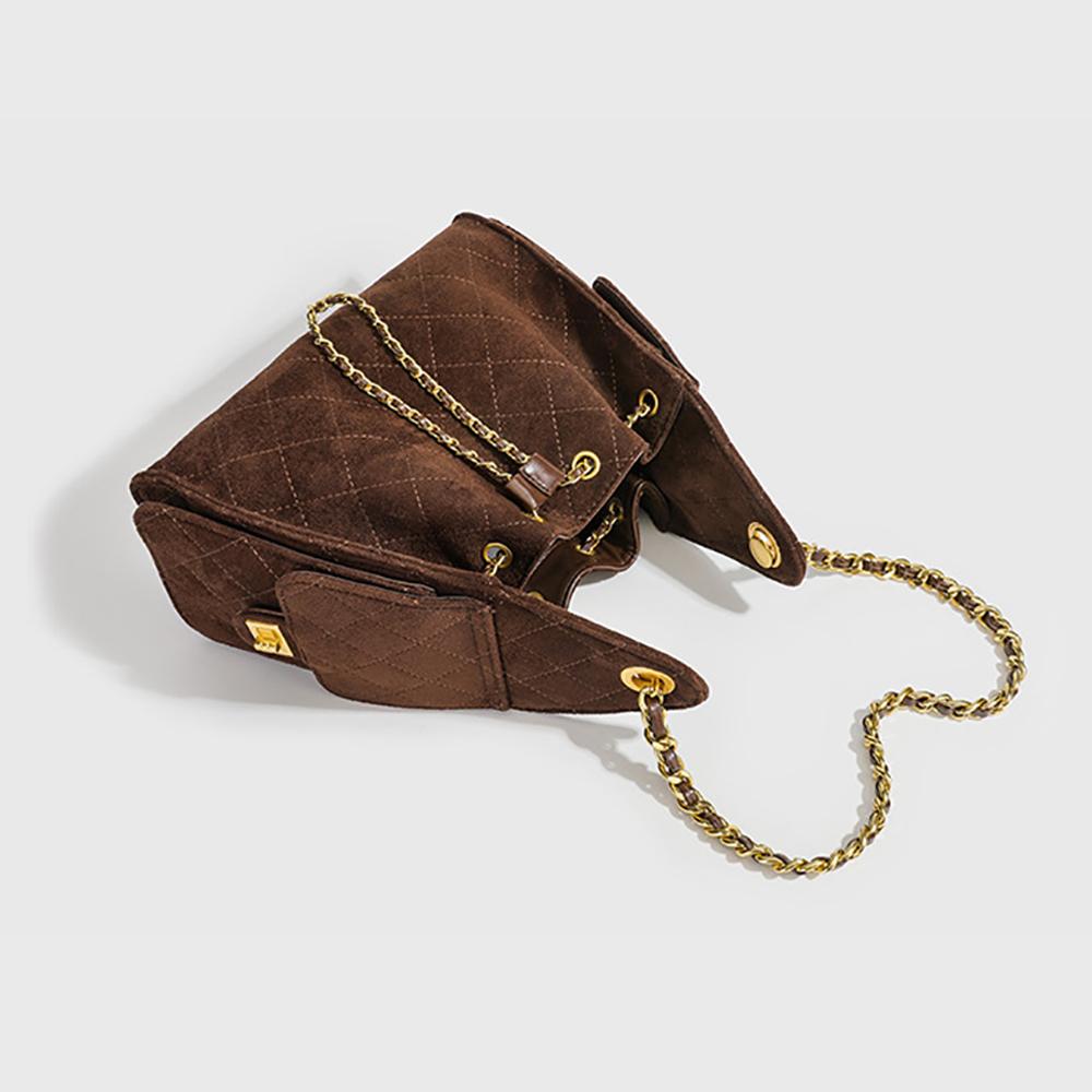 Fall Winter Women Quilted Chain Bucket Bag Trendy Style Faux Suede Handbag Fashion Shoulder Crossbody Ladies Purse