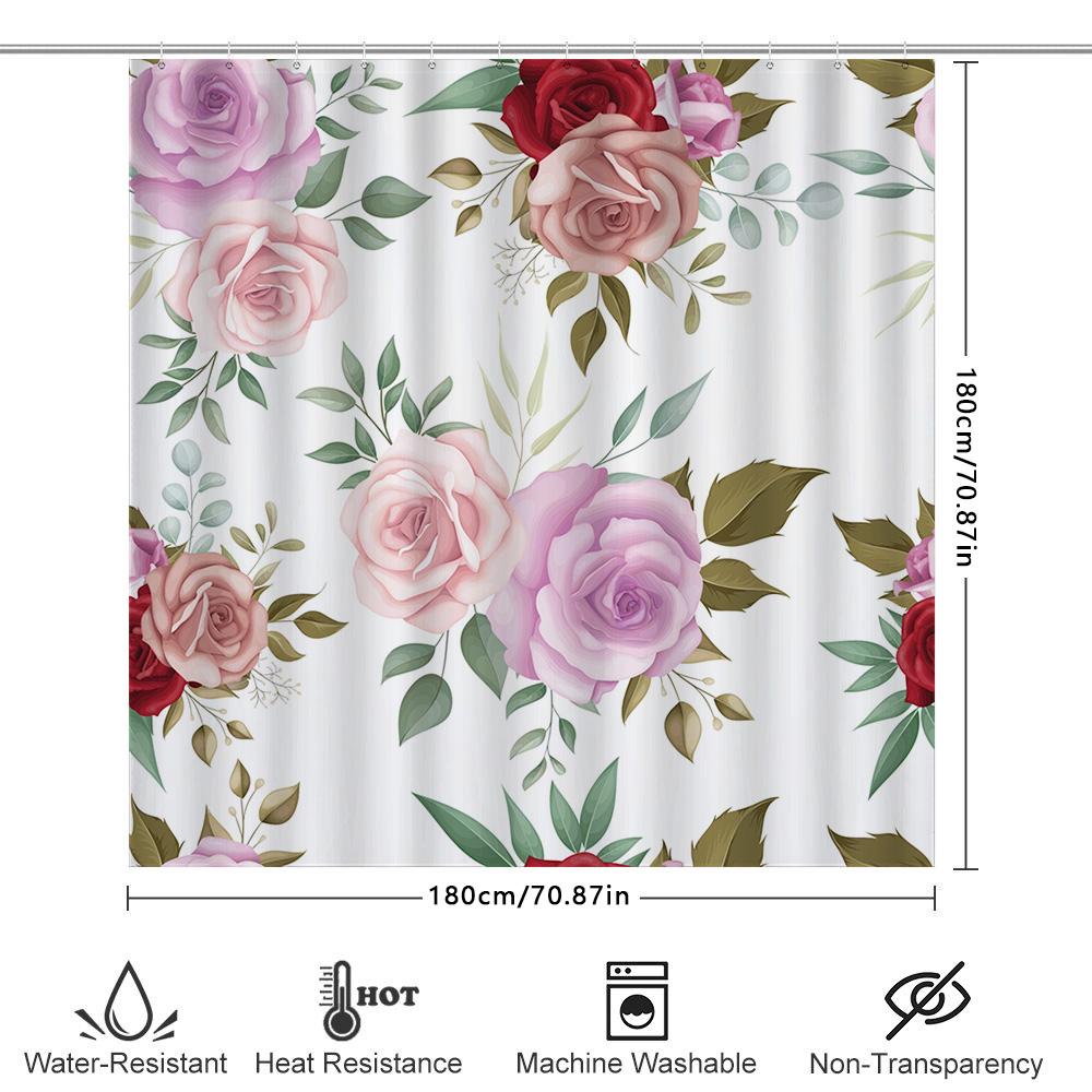 Floral Pattern Shower Curtain Pink Red Roses Design For Bathroom Decorations In Various Sizes
