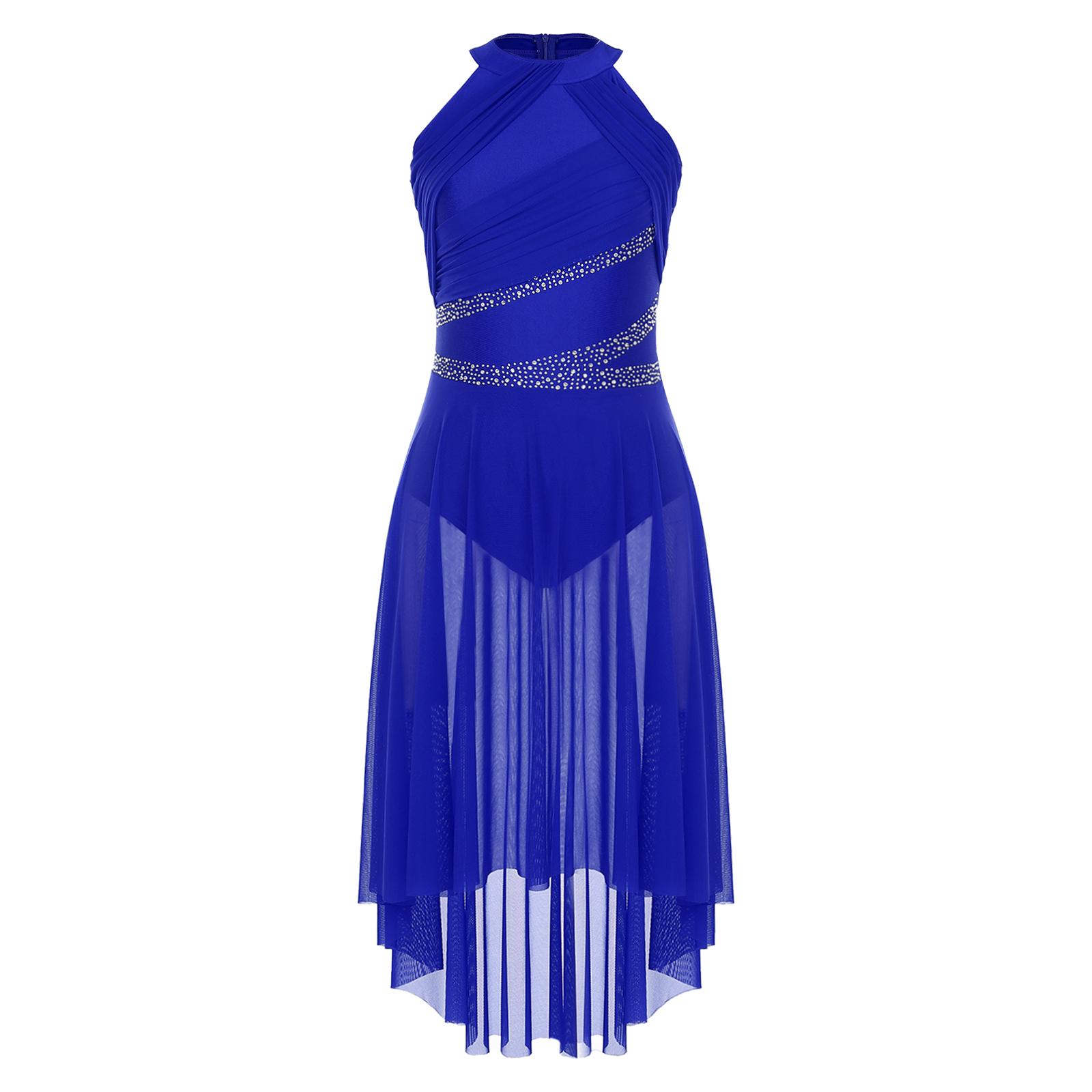 Abito da Danza Lirica da Donna Scintillante con Strass Senza Maniche Ruched Orlo Asimmetrico XXL