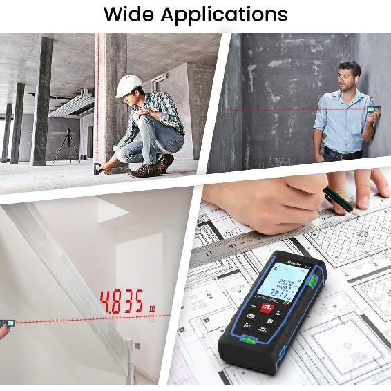 Laser Measure, Bauihr 165ft Laser Distance Meter, Portable Laser Measurement Tool with 2 Bubble Levels, Large Backlit LCD Display, Allowing