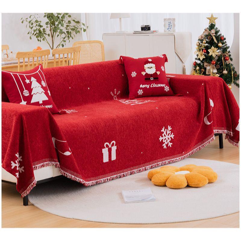 Christmas Sofa Cover Throw Blanket Red Snowflake Santa Chenille Sofa Towel Universal Furniture Protector with Tassels Xmas Home Decor for Living Room