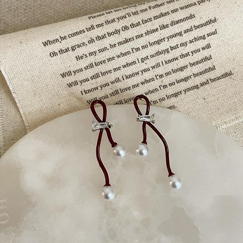 

Ankola Ballet Style Red Ribbon Bow Pearl Zircon Earrings