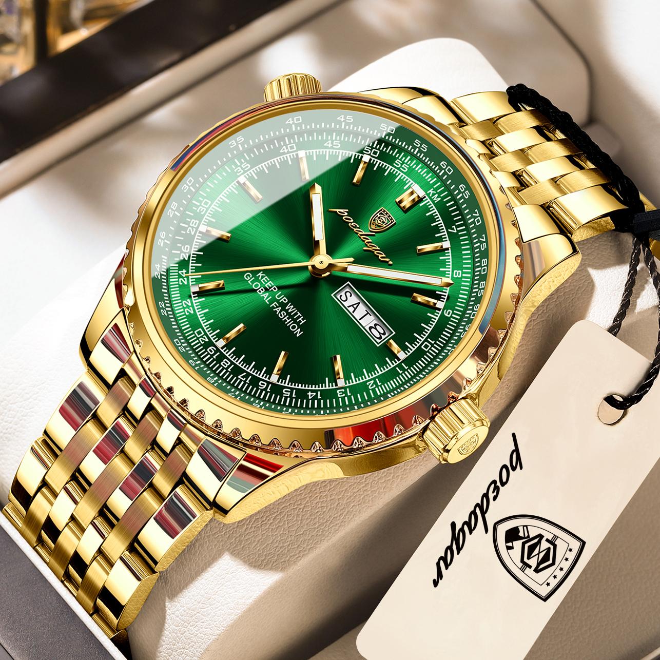 POEDAGAR Modeuhren für Herren Edelstahl Datum Woche Quarz Uhr Wasserdicht Leuchtend Luxus Militär Armbanduhr gold/grün