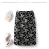 Women's Black and White Rose Print Pencil Skirt High Waist Midi Bodycon Skirt with BacCasual
