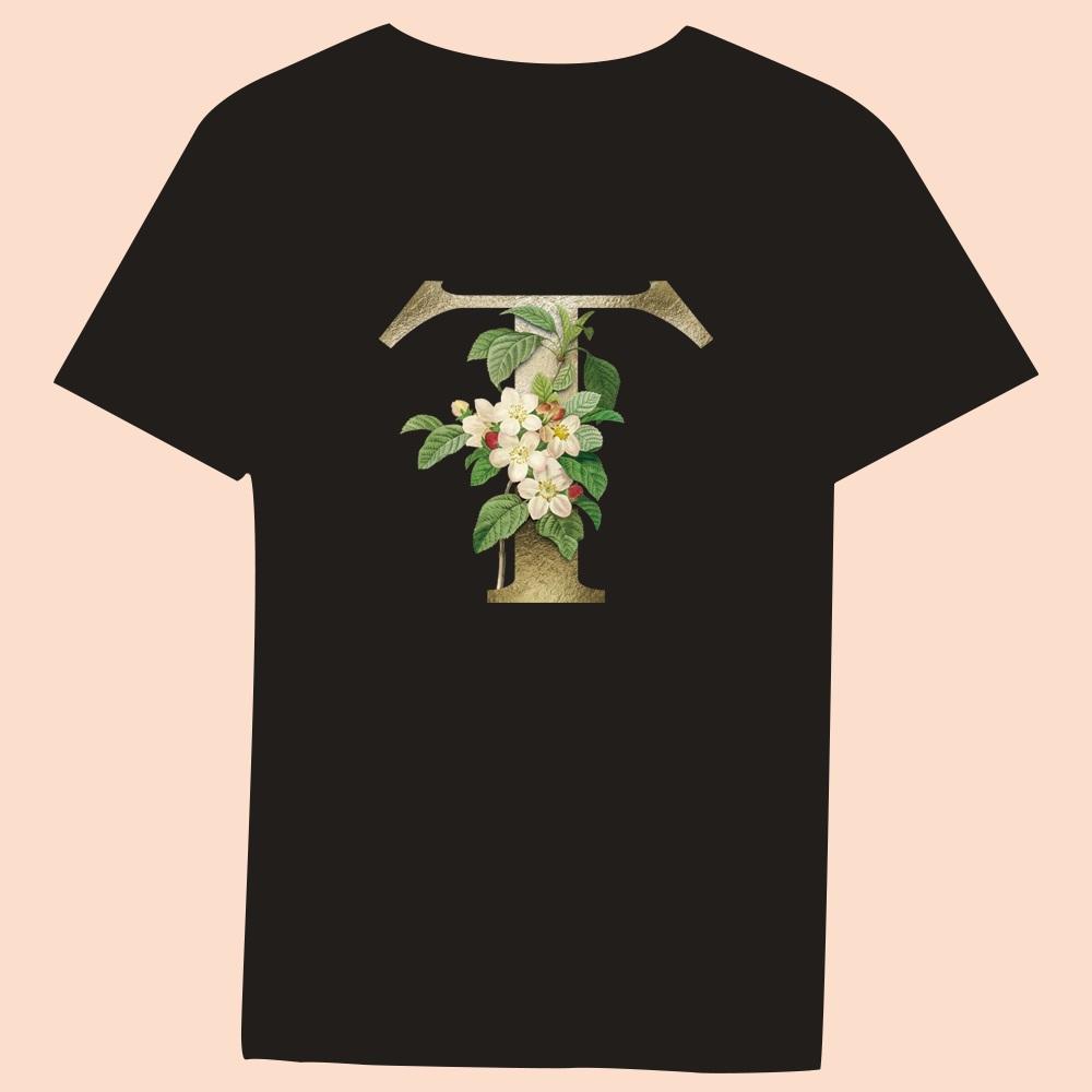 Gold Flower Letter 3D Printing Series Women's Black T-shirt Casual Large Top