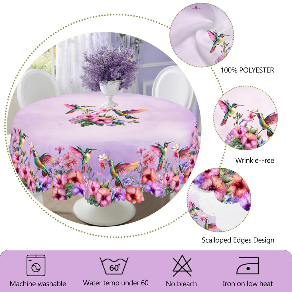 1 Stück Frühling Ostern Lila Blume und Vogel Druck Rechteckige Tischdecke, Kolibri, Blumenmuster Runde Tischdecke, Feiertagsparty Tischdecke,