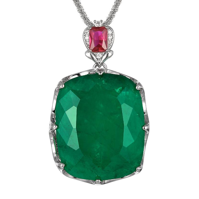 Large Cushion Cut Green Emerald Pendant Necklace Adjustable Ring Red Ruby Accent Luxury Statement Jewelry for Women Friend Gift