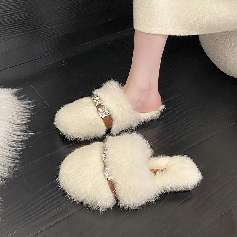 Fashion 2025 Women's Fur Warm and Cold Baotou Slipper Winter Fashion Rhinestone Decorative Plush Leisure Flat-bottomed Non-slip Slippers