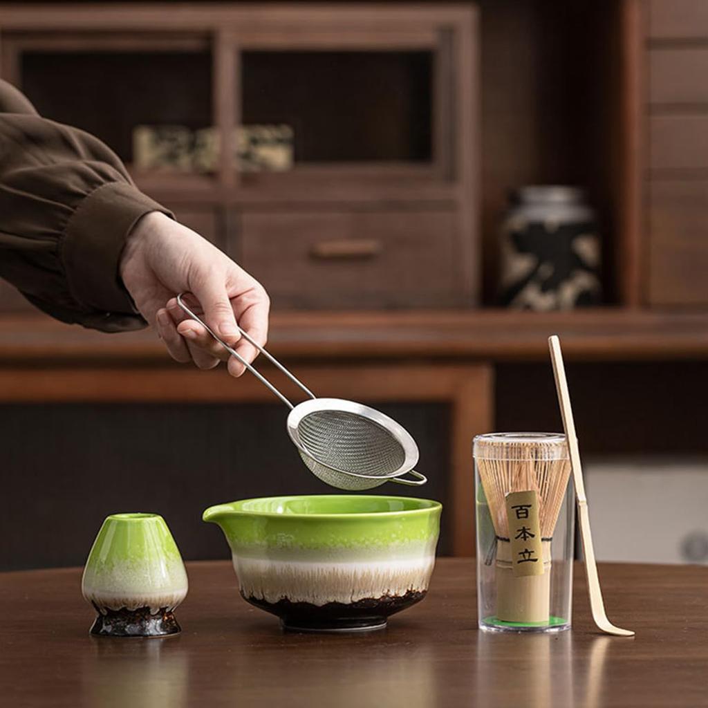 Matcha Tea Ceremony Japanese Tea Ceremony Tea Chashaku Matcha and Whisk 7-Piece Set, Utensils, Bowl, 100-Standing Chasen, (Tea Scoop), Powder, (Green)