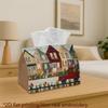 1pc 2D Flat Print Village Artwork- Tissue Box, "Faux Embroidered Houses with a Truck- Rectangular Design, Ideal for Living Room, Car, And Desktop Stor