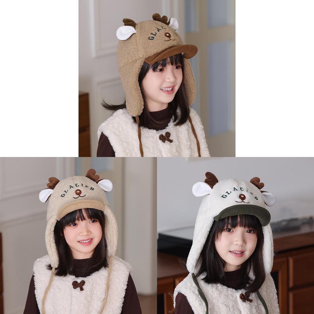 Winter Kids Cartoon Deer Plush Hat With Windproof Ear Flap For Outdoor Warmth