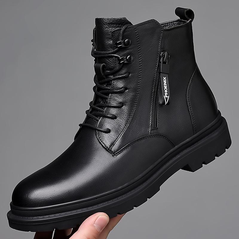 Top Layer Cowhide Men's Martin Boots, Genuine Leather Winter New Men's Leather Boots with Fleece, Warm Workwear Style Men's Boots
