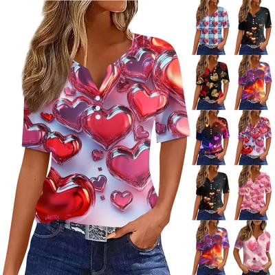 T-shirt Femme Tee Imprimé Bouton Manches Courtes Quotidien Week-end Mode Basique Col V Coupe Régulière Haut Saint-Valentin
