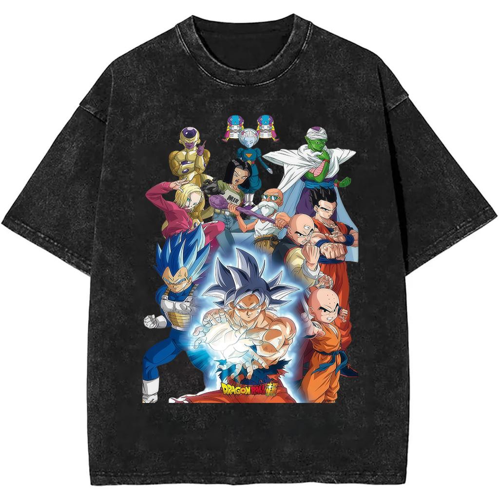 2026 Summer Dragon Ball Nostalgic T-Shirt 100% Cotton Heavyweight Washed Retro Oversized Men's Anime Print Streetwear Unisex