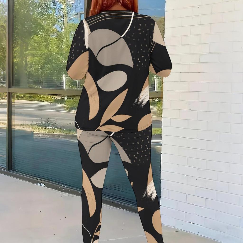 Women Plus Size Round Neck Long Sleeve Printed Fitted Pants Two Piece Set