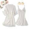 Sexy Pure Desire Lace Pajama Set: Solid Color Slip Dress with Tie-Up Morning Robe
