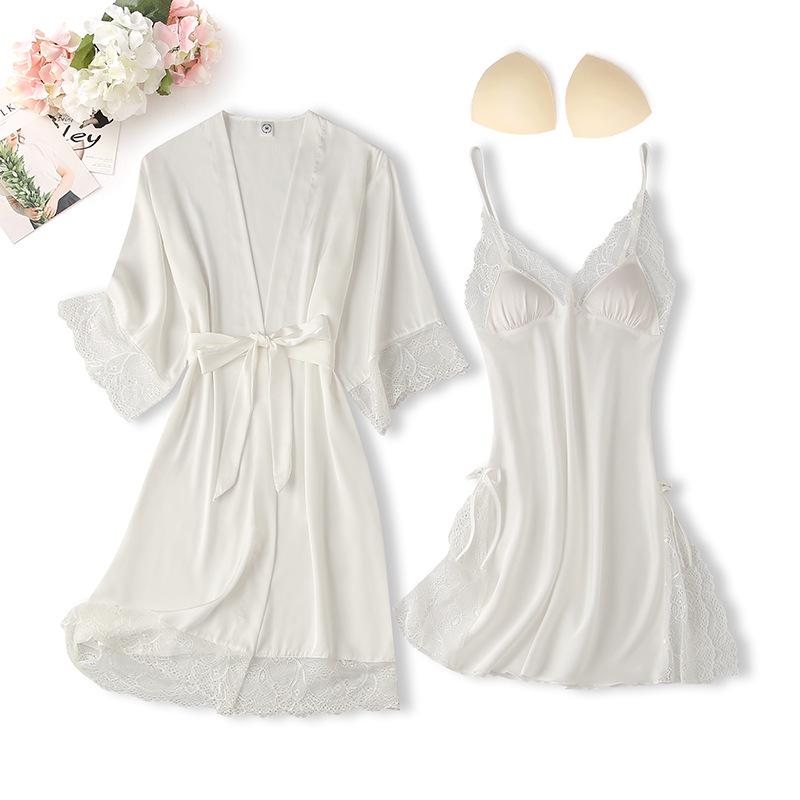 Sexy Pure Desire Lace Pajama Set: Solid Color Slip Dress with Tie-Up Morning Robe