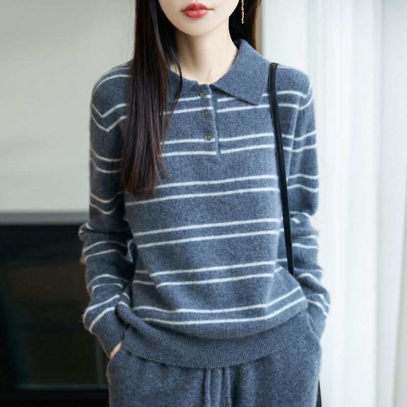 2025 Fall Women's Pure Wool Casual Stripe Polo Collar Long Sleeve Sweater
