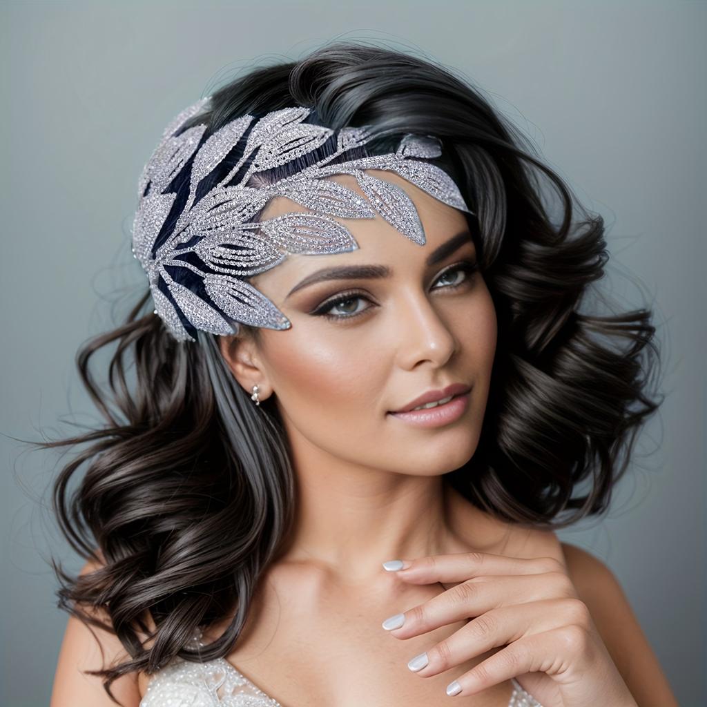 1PC Elegant Handcrafted Braided Headpiece with Sparkling Rhinestones - Leaf-Inspired Design for Bridal and Special Occasions
