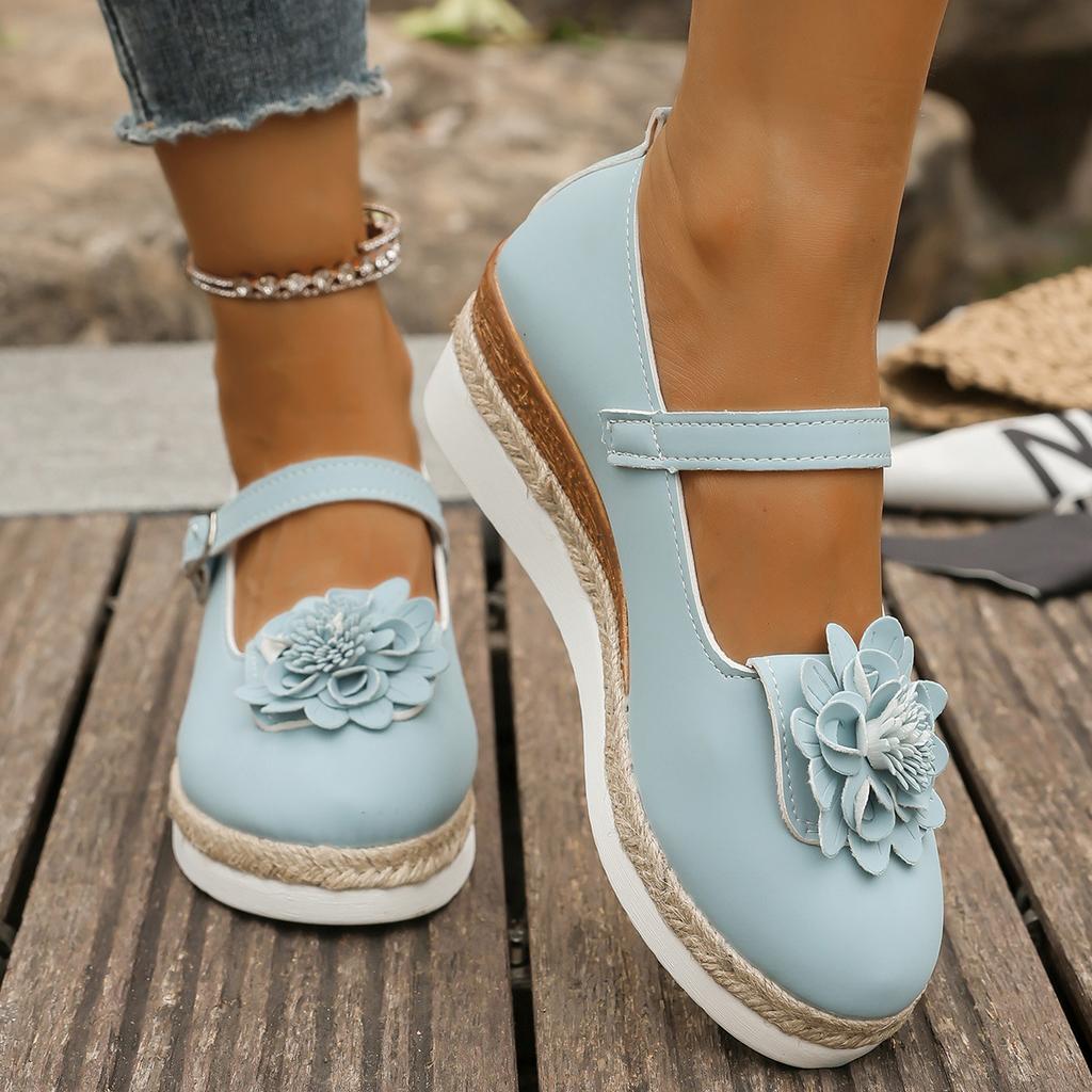 Fashion Plus Size Shoes for Women Autumn 2025 Fashion Platform Wedges Buckle Strap Flats Shoes Zapatos De Mujer with Flower Footwear