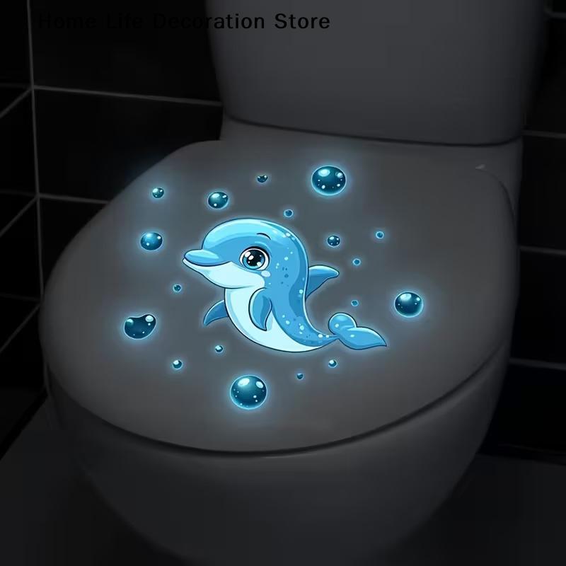 Glow-in-the-Dark Dolphin Bubbles Toilet Stickers - Ocean Theme Kids Room Decor Removable Self-Adhesive Decals For Wall Bathroom