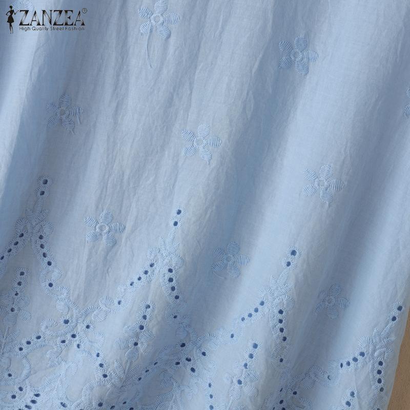 ZANZEA Damen Sommer Stickerei Lässig Rundhals Kurzarm T-Shirts