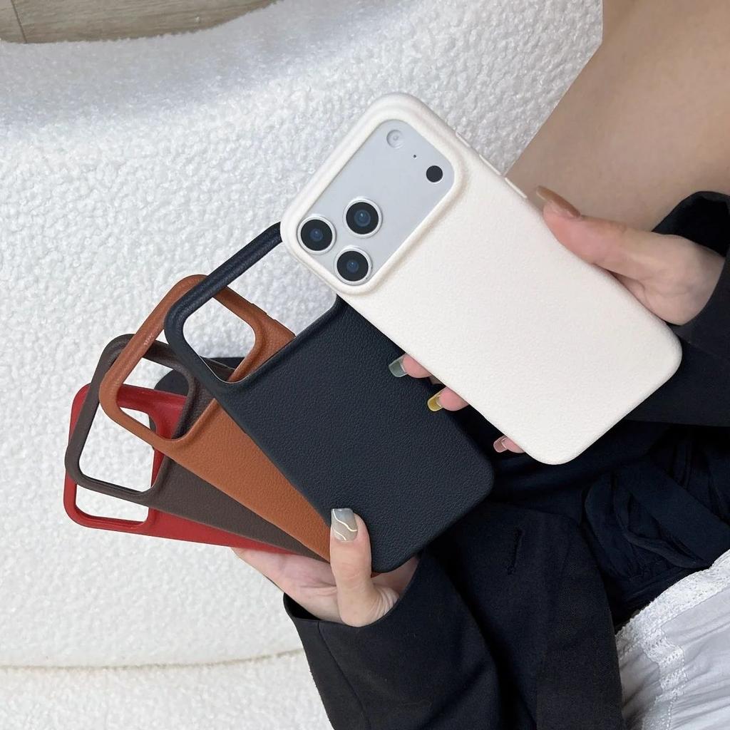 Litchi Leather Texture Solid Color Phone Case For iPhone 17 Air 16 15 14 13 12 11 Pro Max Plus Business Shockproof Cover