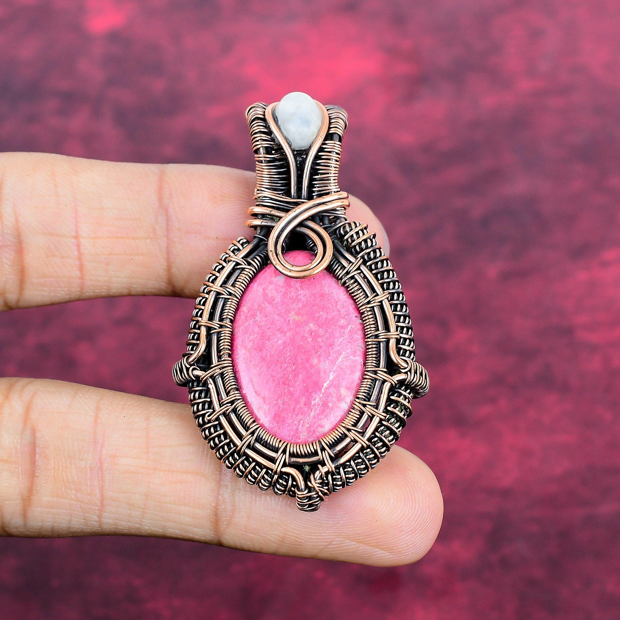Thulite Pendant Rainbow Moonstone Pendant Copper Wire Wrapped Gemstone Jewelry