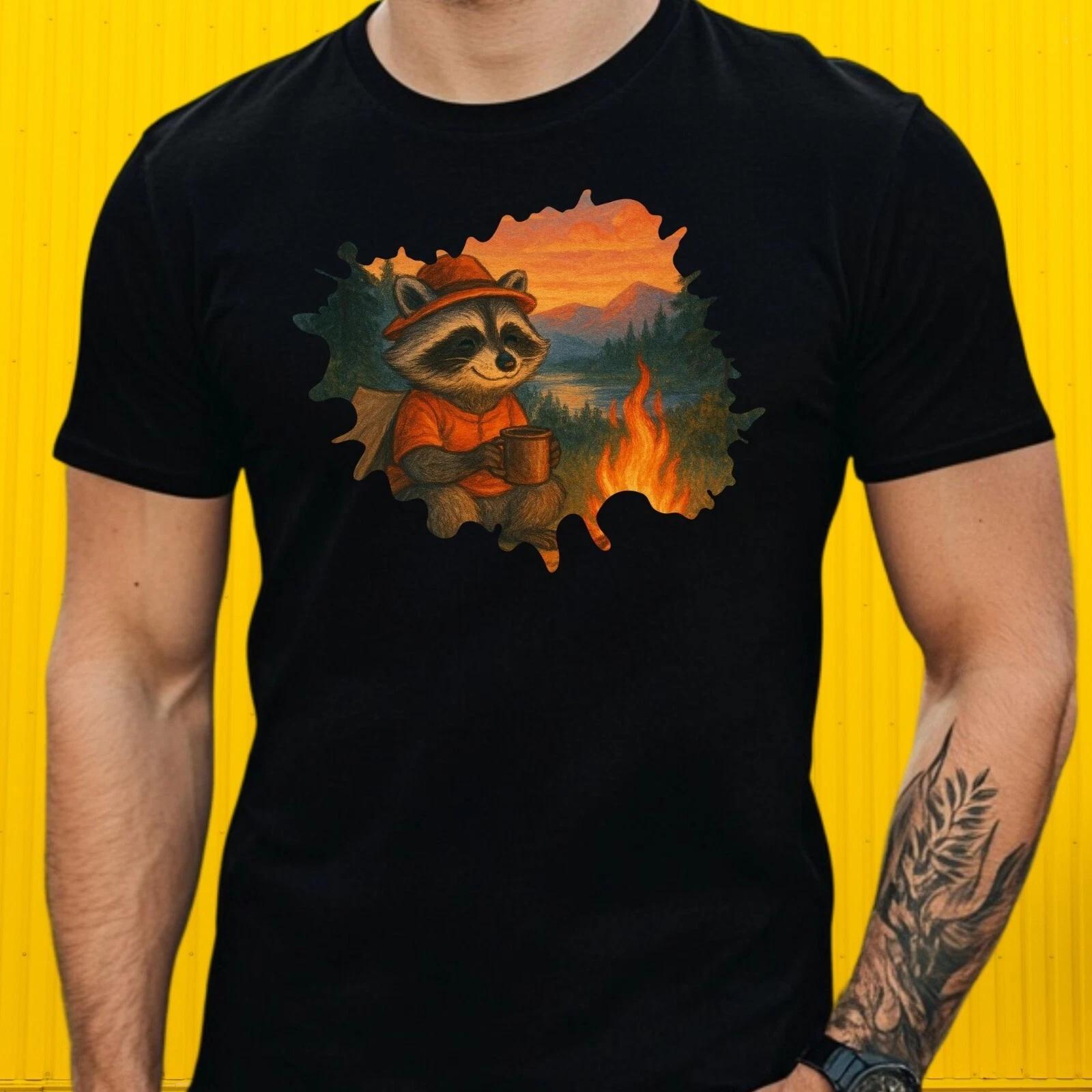 T-Shirt Herren Camping Waschbär Motiv Baumwolle Größe S bis 5XL XS