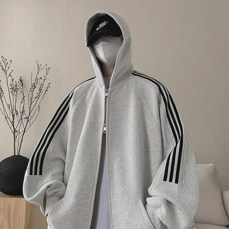 Unisex Striped Splicing Hooded Cardigan - Heavy Spring/Autumn Jacket