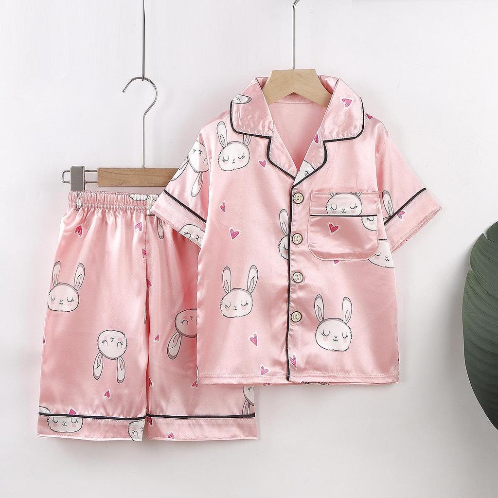 Kids' Cartoon Ice Silk Short Sleeve Pajama Set for Spring and Summer