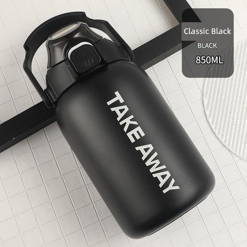 

New Large-Capacity Insulated Cup with Straw, Stylish Water Bottle with Portable Handle, Big Stainless Steel Bottle Black|850 ml