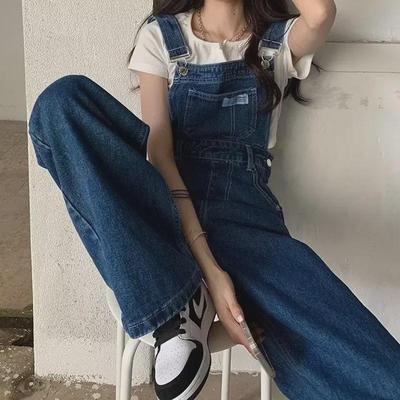 Denim-Overalls für Damen im Hong Kong-Stil mit hoher Taille und weitem Bein, Übergrößen und kleine Größen erhältlich