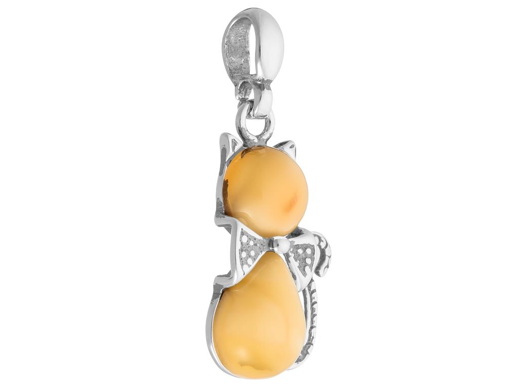 Short Silver Women's Necklace Cat With Milk Amber Kitten Choker 32Cm