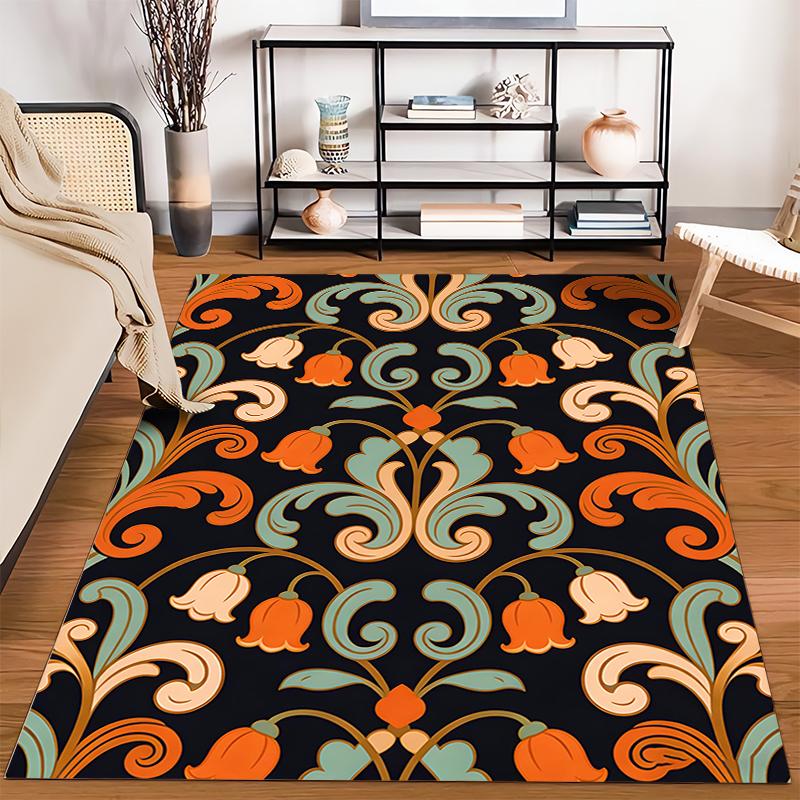 Vintage Floral Pattern Carpet with Orange Bell Flowers on Black Base Suitable for use as an anti-slip for living room bedroom sofas