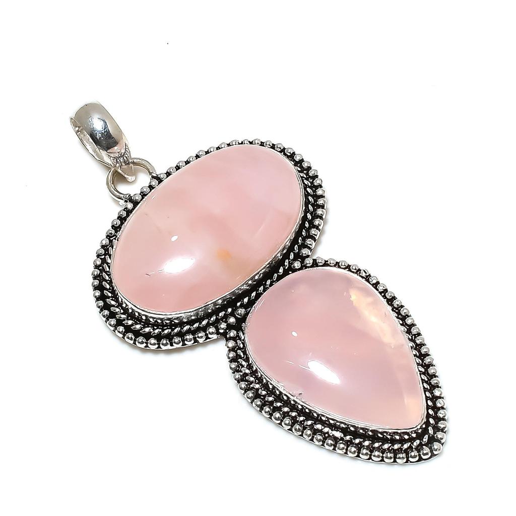 Natural Rose Quartz Gemstone Handmade 925 Sterling Silver Jewelry Pendant, Double Stone Pendant, Holiday Gift for Her Jewelry for Special Occasions