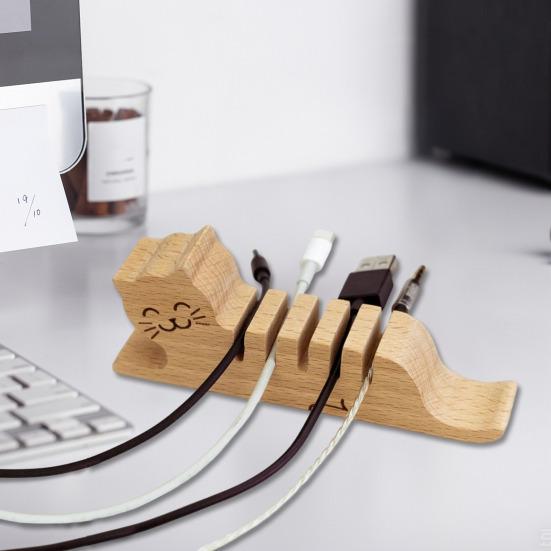 Wooden Cat Cable Organizer Home Office Desk Phone Charging Data Cord Holder Keeper Animal Power Wire Management Clip