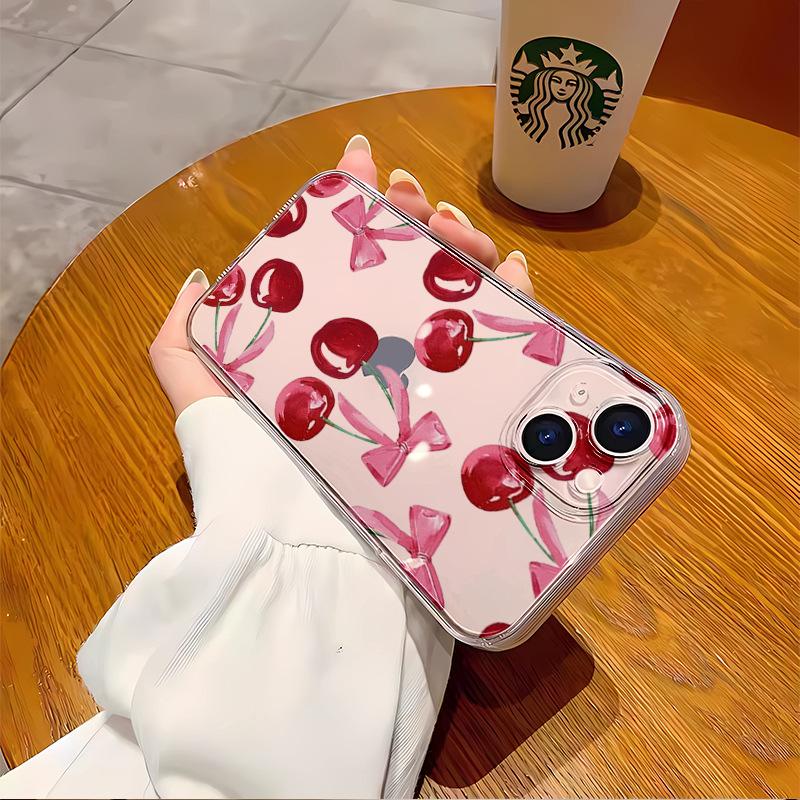 Simple cherry bow mobile phone case is suitable for iPhone16/15pro light and thin Apple 17 transparent soft case 14pm.