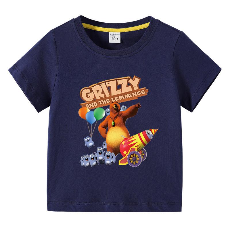 Kinderbekleidung Grizzy und die Lemminge Grafik Kurzarm T-Shirt Jungen O-Ausschnitt T-Shirt 2025 Neue Mode Kleidung
