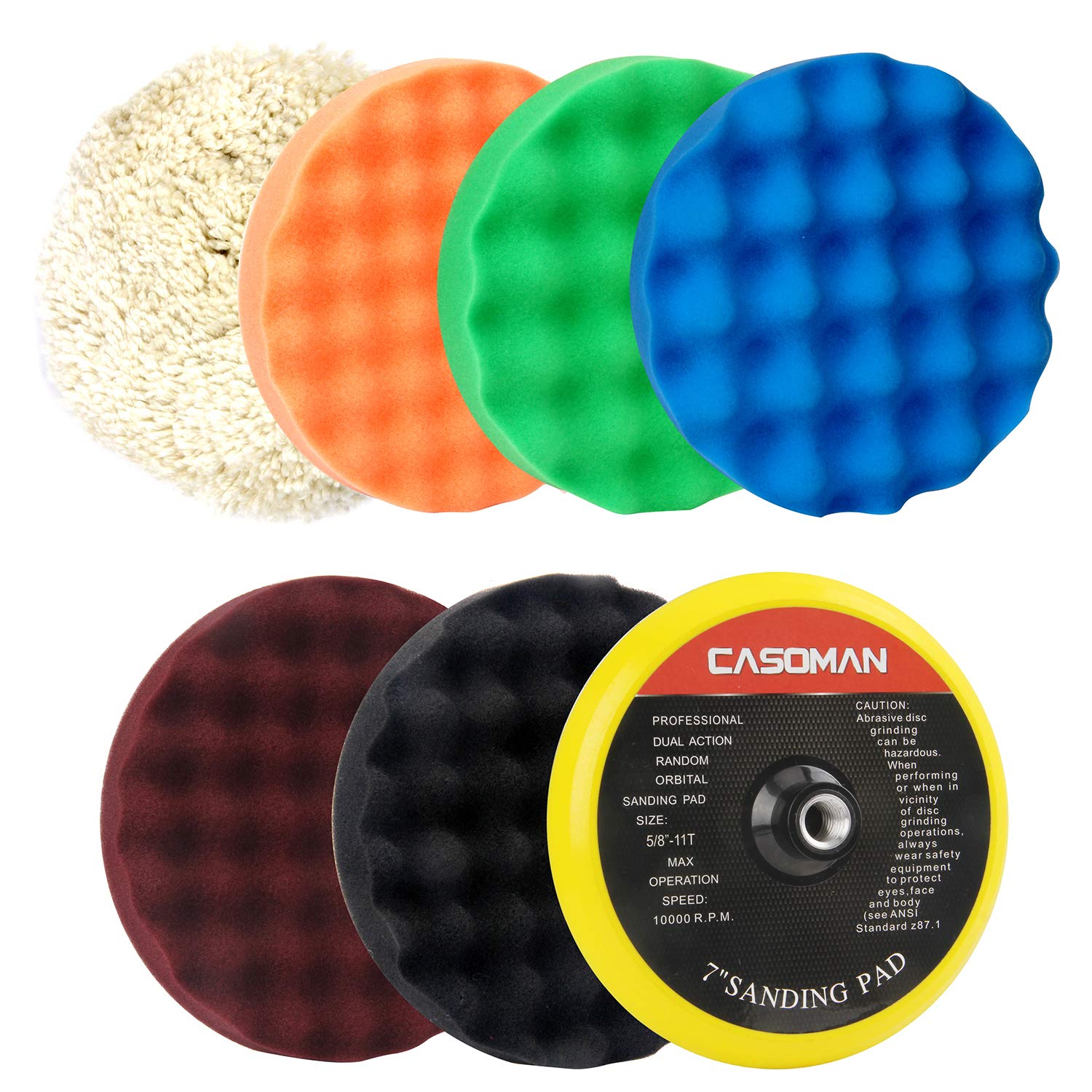 CASOMAN 7-Inch Buffing And Polishing Pad Kit, 7 Pieces 7 Polishing Sponge, Waxing Buffing Pad Kit