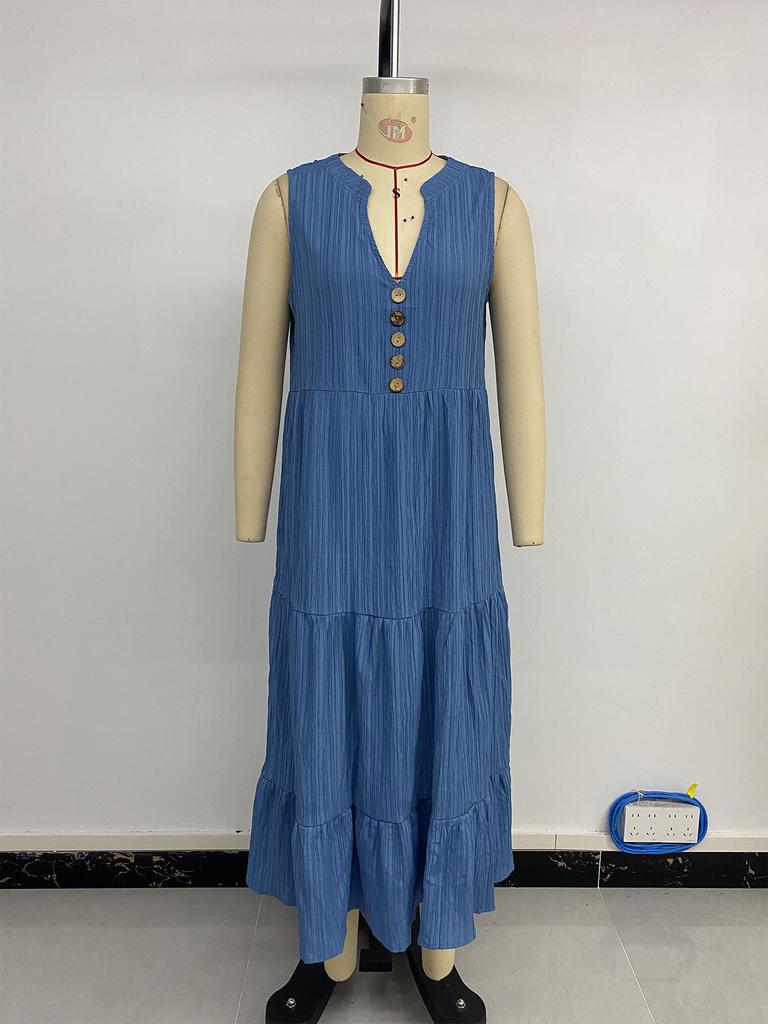 European & American Minimalist V-Neck Button Midi Dress - Sleeveless, Solid Color, Summer 2025 Collection